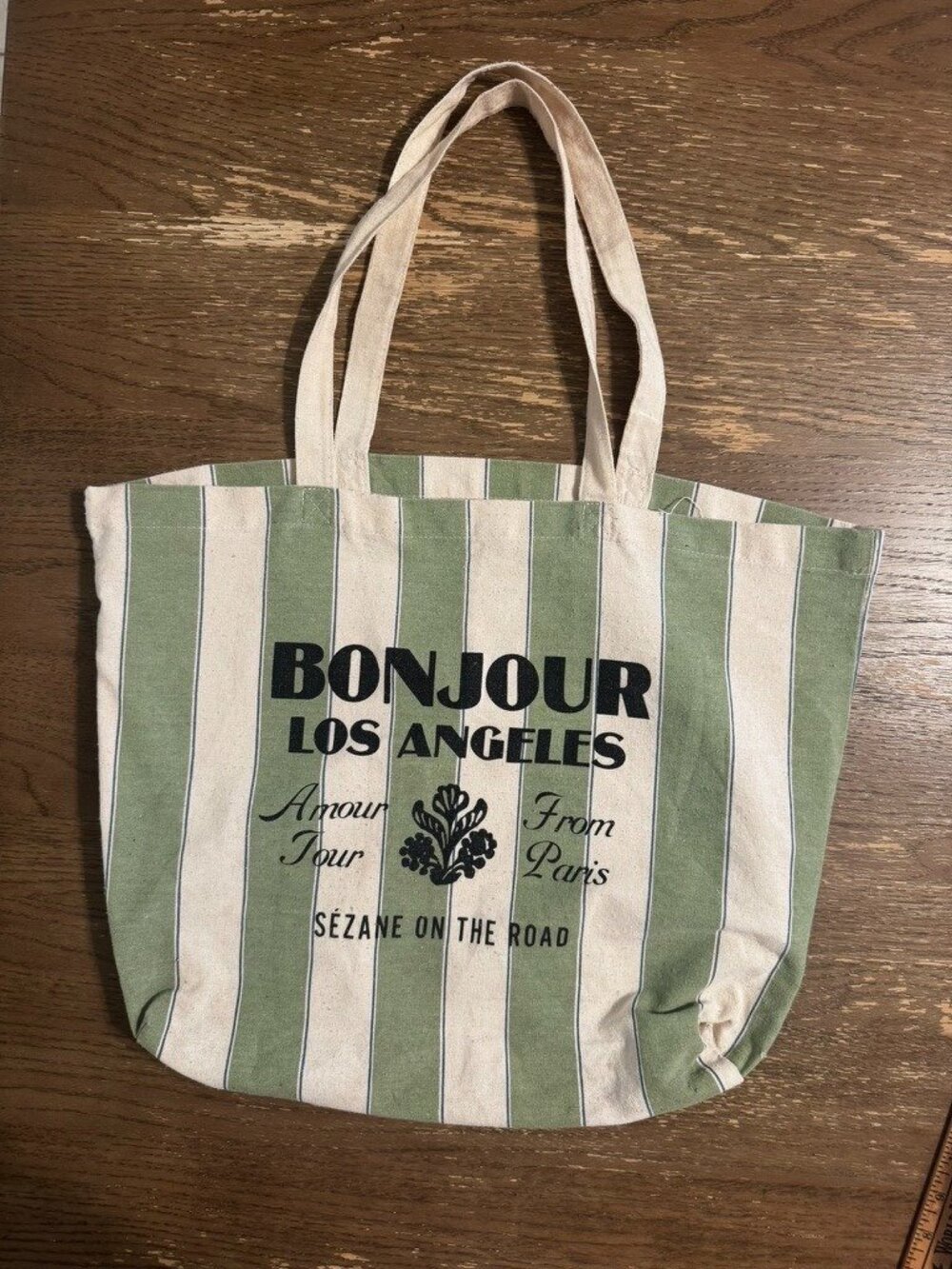 Sezane Bonjour Los Angeles Canvas Tote Bag Green Cream Stripe